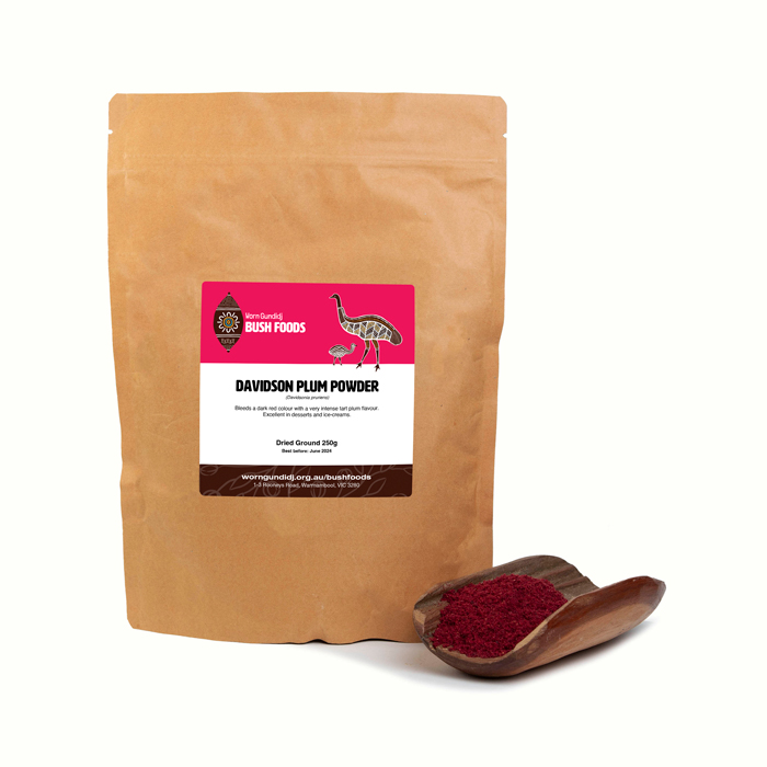 Davidson plum powder is perfect for infusions, teas, baking, ice cream and desserts. Available at Worn Gundidj Bush Foods.